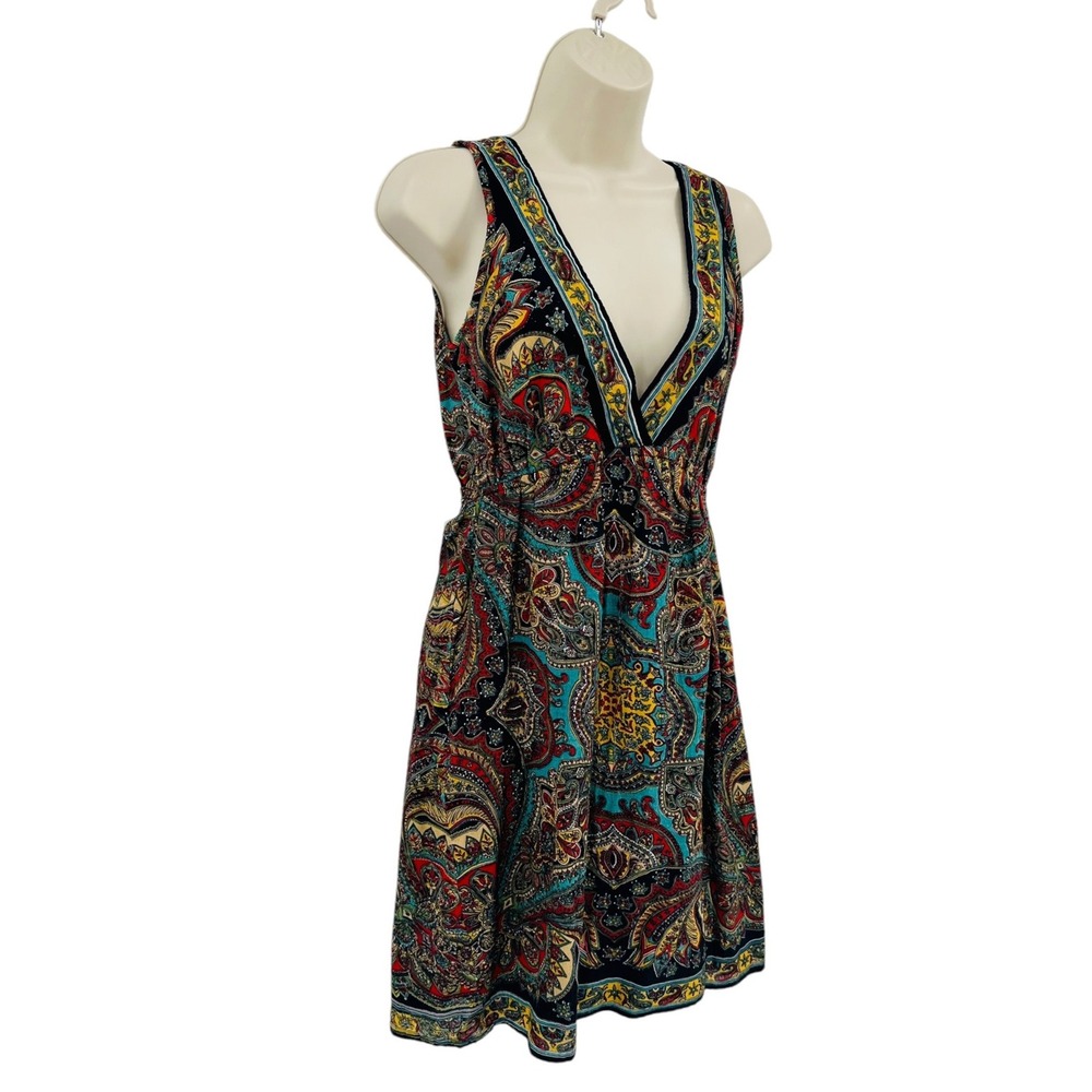 Vintage Angie Sundress Womens Medium Black Paisley Boho V-Neck Y2K 100% Cotton - Picture 3 of 9